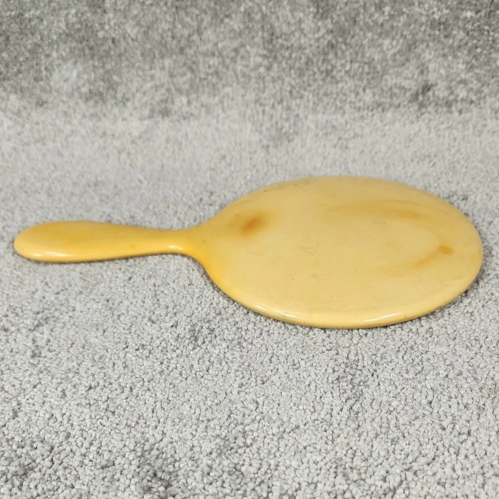 Vintage Celluloid Hand Mirror French Ivory Beveled Glass Art Deco Vanity Yellow